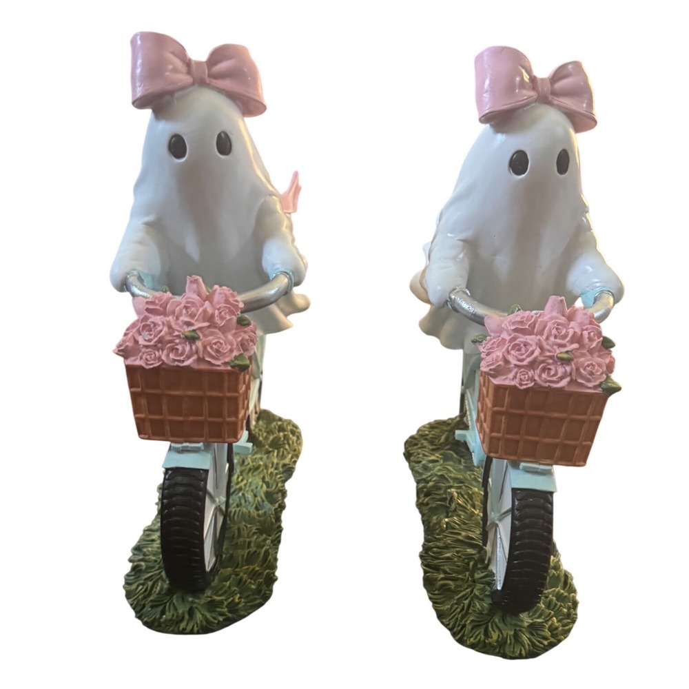 Pink Bow White Ghost Riding Bicycle Garden Grass Home‎ Decor Halloween 
2 New